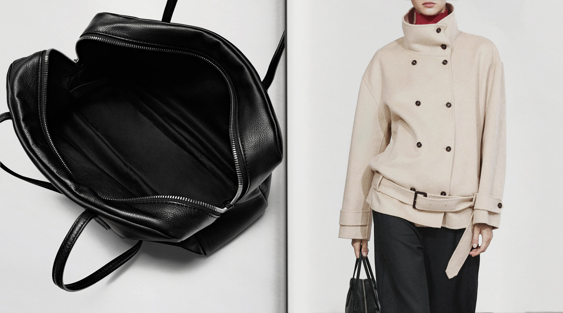 The Look 02: belted trench coat and black leather satchel bag — Massimo Dutti Paris Fashion Week