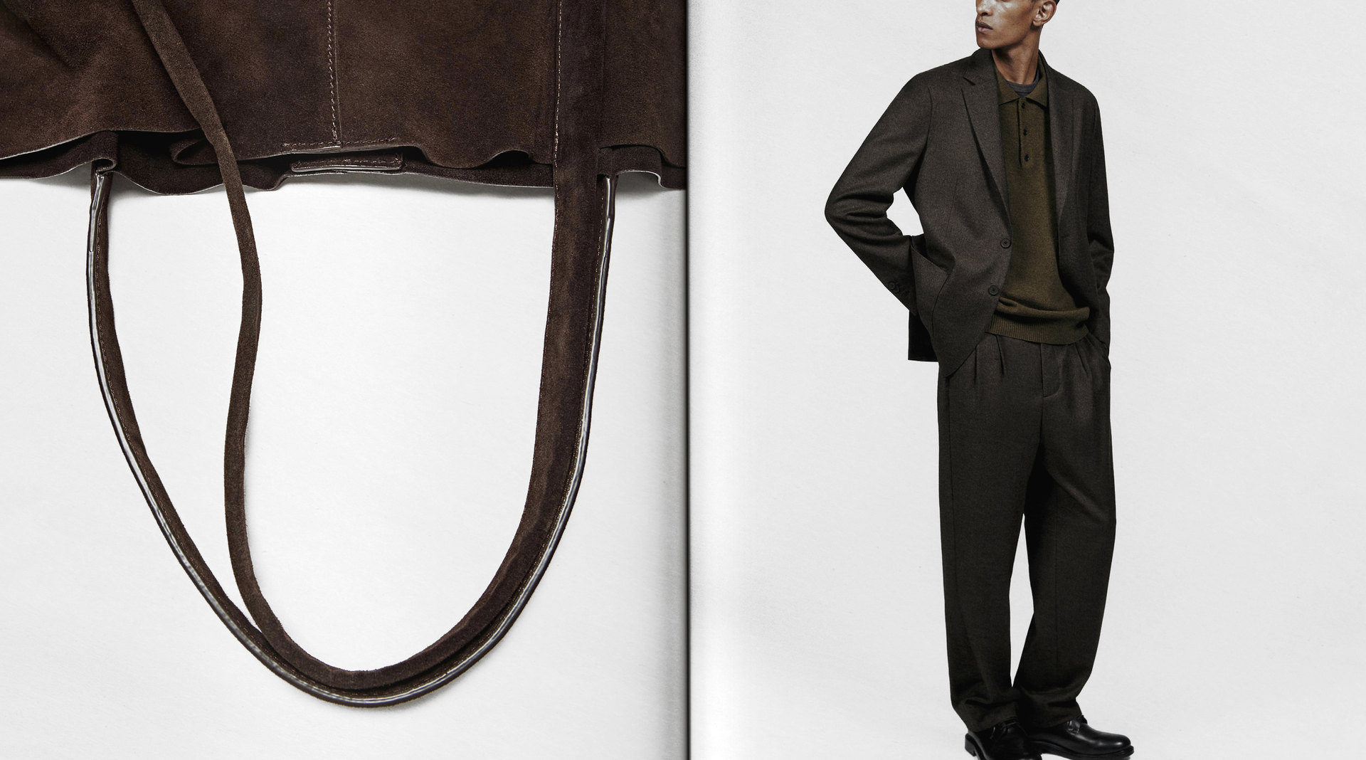 The Look 03: dark suit with polo sweater and split suede tote bag — Massimo Dutti Paris Fashion Week