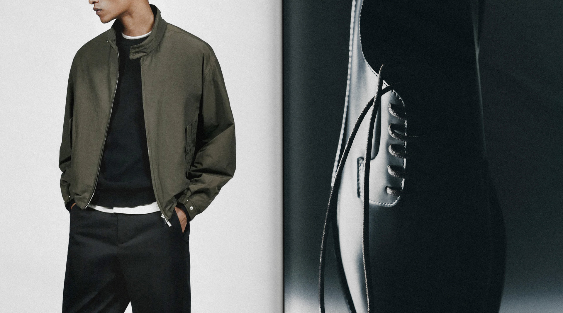 The Look 04: technical bomber jacket, black trousers and leather derby shoes — Massimo Dutti Paris Fashion Week