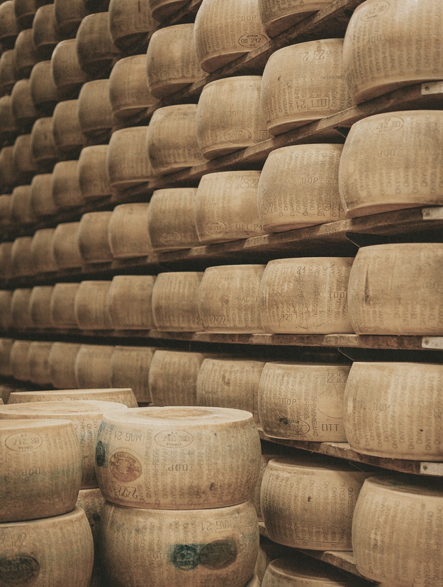 Wheels of cheese in a shop in Rome